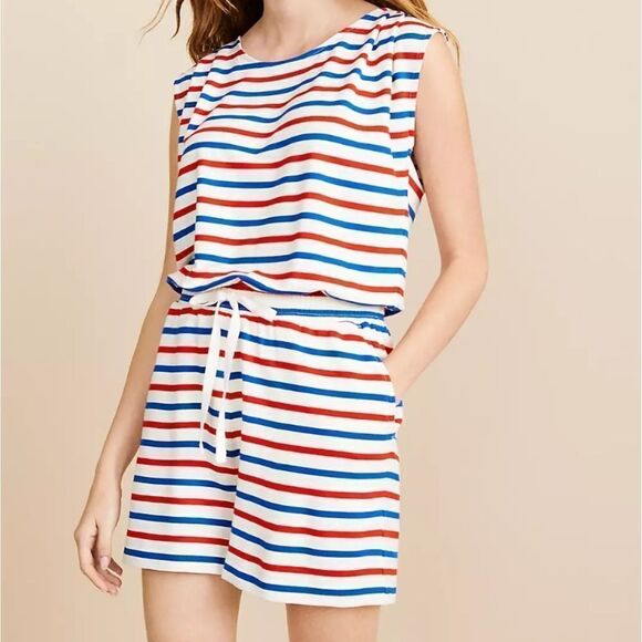 431 NWT Lou & Grey Striped Pleated Sleeve Signaturesoft Romper Size Large - Picture 1 of 6